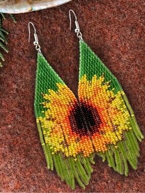 Handmade Green & Yellow Sunflower Beaded Earrings